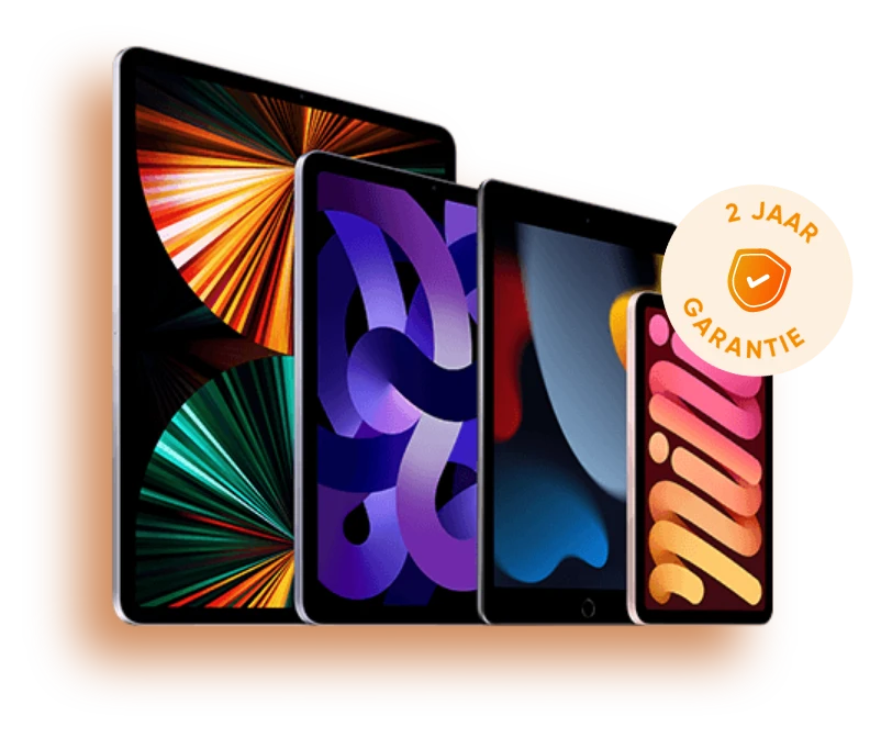 Vier refurbished iPads naast elkaar, met het label 2 jaar garantie